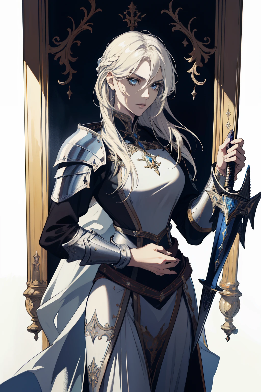 masterpiece, (absurdres:1.1), best quality, extremely delicate, (beautiful face:1.1), elegant, (great composition), bags under eyes, (dark:1.1), arafed image of a woman in a knight costume holding a sword, portrait of female paladin, inspired by Li Chevalier, portrait knight female, gorgeous female paladin, Victorian era black uniform girl, crisp clear rpg portrait, female paladin, highly detailed exquisite fanart, female knight, elisha cuthbert as a d&d paladin, dressed in light armor blonde blue eye