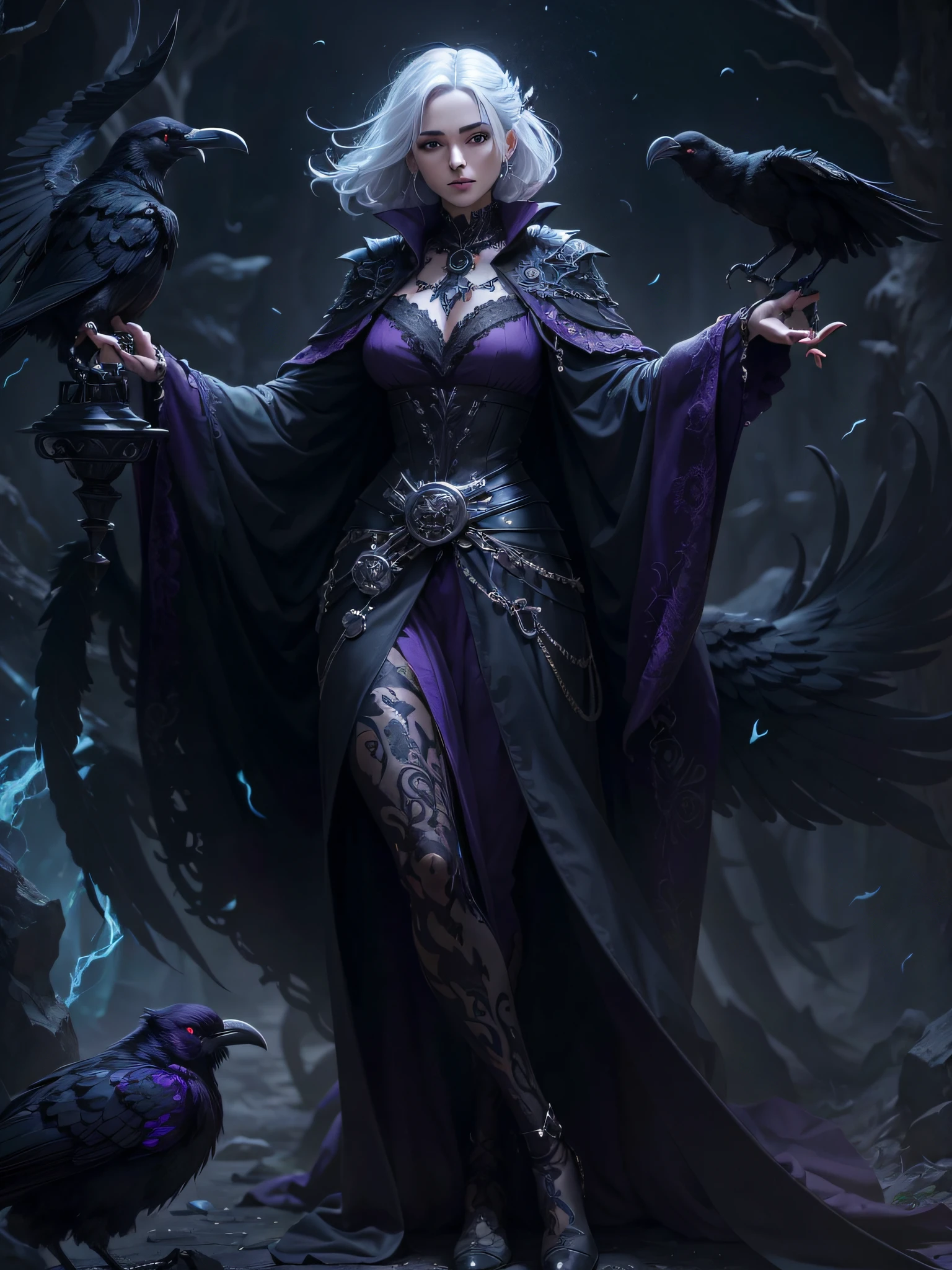 (((full body))) dark magic, grim, the raven, (intricate details), (hyperdetailed), 8k hdr, high detailed, white hair woman, purple clothes