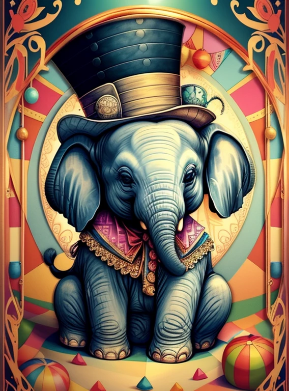 (cute baby elephant with a top hat in the circus), Munchkin ,Geometric multidimensional wall portrait, livro de arte, Tchibi,
Yang08k, Beautiful, Colouring,
Obras, of the highest quality, best quality, Arte Oficial, Beautiful and Aesthetic,