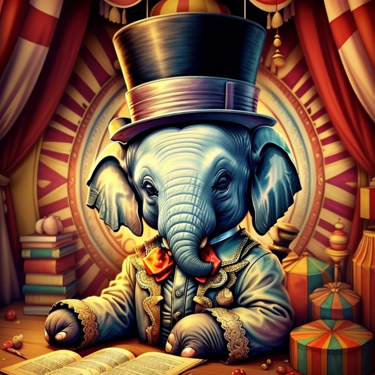 (cute baby elephant with a top hat in the circus), Munchkin ,Geometric multidimensional wall portrait, livro de arte, Tchibi,
Yang08k, Beautiful, Colouring,
Obras, of the highest quality, best quality, Arte Oficial, Beautiful and Aesthetic,
