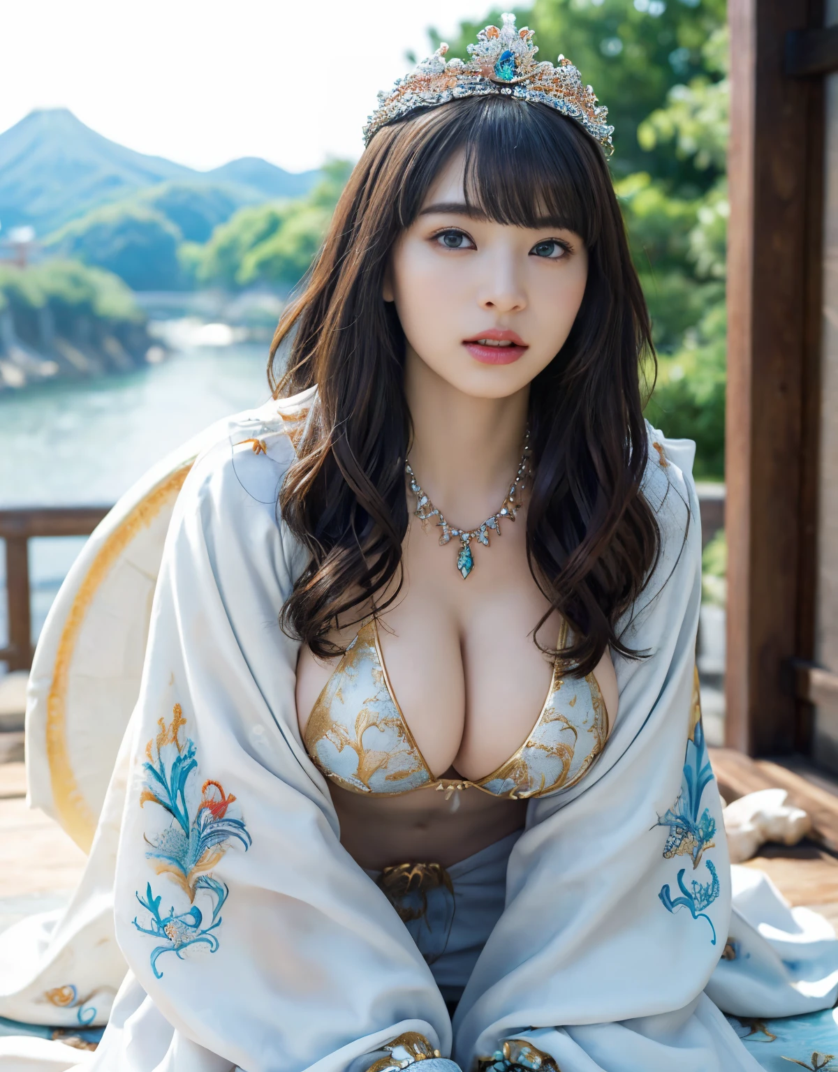 top-quality、masterpiece、超A high resolution、(White Dragon Armor)、(((Colossal tits))),(((Variety of hairstyles))、(((Take different poses))),(Wearing a beautiful crown made of jewels),(Photorealsitic:1.4)、Raw photo、1人、Golden hair、Holy Color Festival、glowy skin、(((Japan Dragon)))、(((Reveal micro bikini))),(Gorgeous Jewelry Necklaces)、(Mystical expression)、(Full Body Angle)、(Fight big dragons)、A dark-haired、poneyTail、(Detailed: White Metal Bikini)、(Detailed and beautiful flower garden)、Precipitous cliffs、(Medieval European castle background)、((super realistic details))、portlate、globalillumination、(sexypose)、Shadow、octan render、(Random hair)、8K、Raw skin is exposed in cleavage、metals、Details of complex ornaments、Japan details、highly intricate detail、Realistic light、Blue eyes、radiant eyes、Facing the camera、Precipitous cliffs、Toostock、(Full Body Angle)、(veils)、(((Heavy Big))),(A person who sees with calm and goddess-like eyes)Happiness:1.2)、