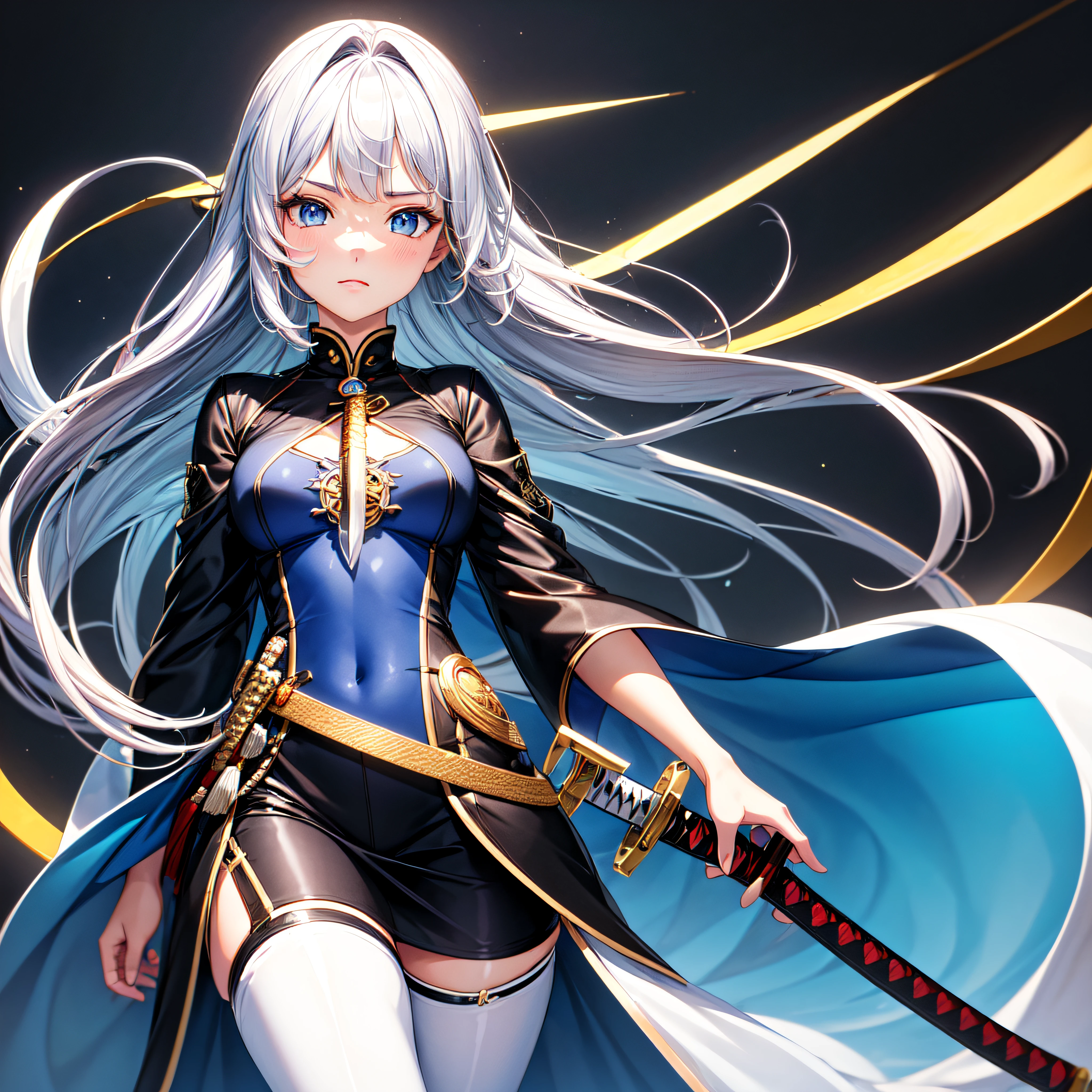 ((best quality)), ((Meisterwerk)), (detailliert), 女の子1人, Silbernes Haar, Lange Haare, blaue Augen, mittlerer Brustumfang, schwarze und blaue Kleidung, schwarzes und blaues Katana