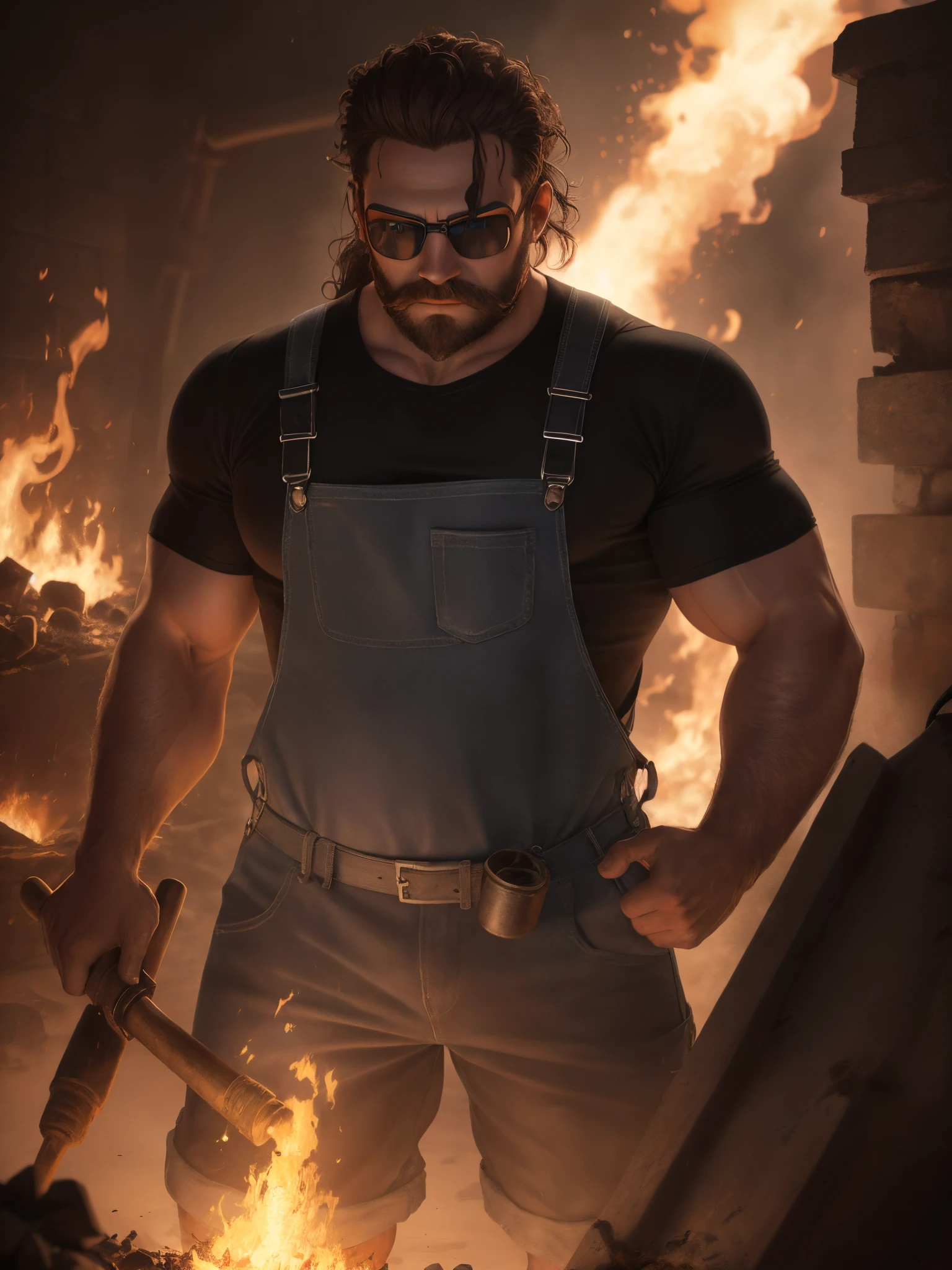 A strong dwarf around the age of twenty five with defined muscles and a medium length dark brown beard wearing overalls with a black shirt underneath with goggles on his forehead over a white bandanna wrapped around his head covered in soot as he holds a hammer in one hand and molten iron in the other hand with an anvil in the background