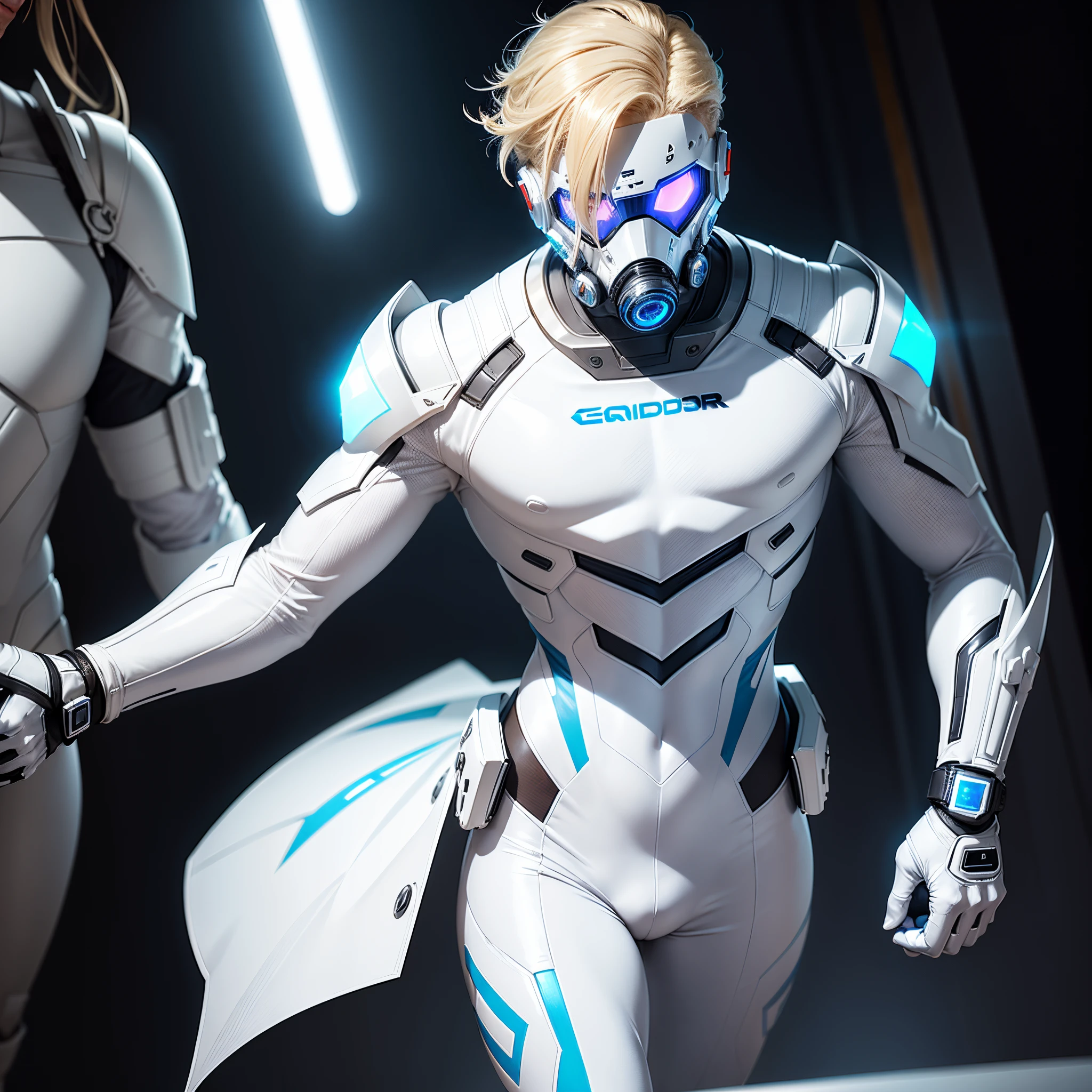 body suit, white and blue suit, futuristic suit, white gauntlets, white gloves, white hands skin tight bodysuit, toned male, teenager, young male, futuristic gas mask and vizor, bodysuit, futuristic, sci fi, toned male, hands seen, hair visible, blonde hair, solo male, full body seen