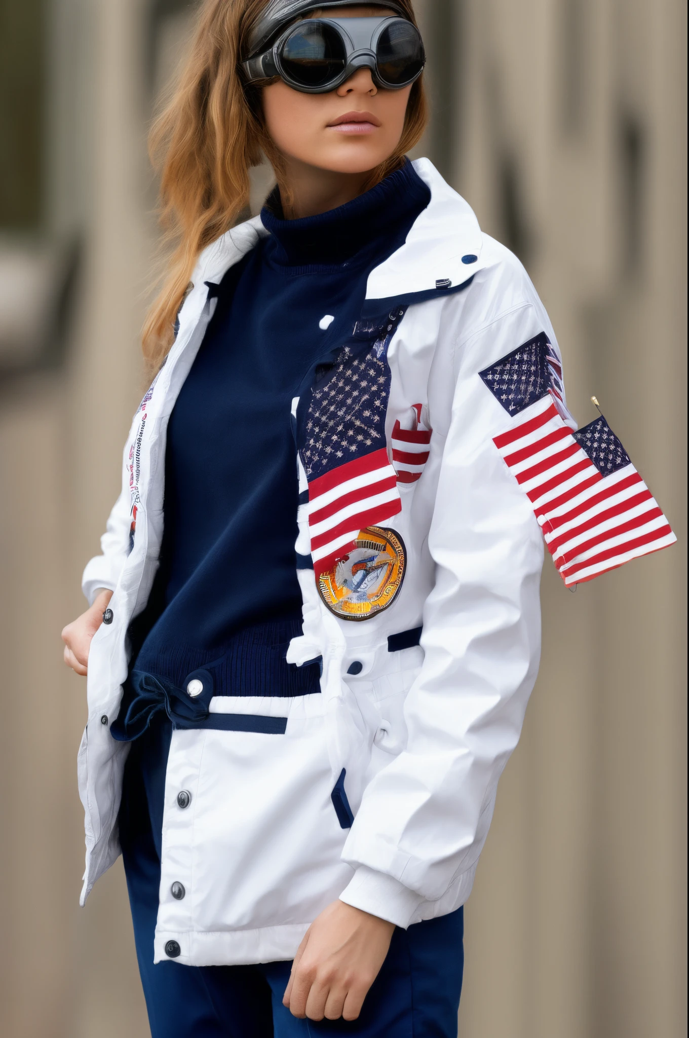 Generate a 2d image of a woman with a n blue navy NASA jacket with the American symbol on the side of her the arm and short black hair and messy hair and a blue barrette with goggles under it and plack pants and white socks with black shoes and white skin tone