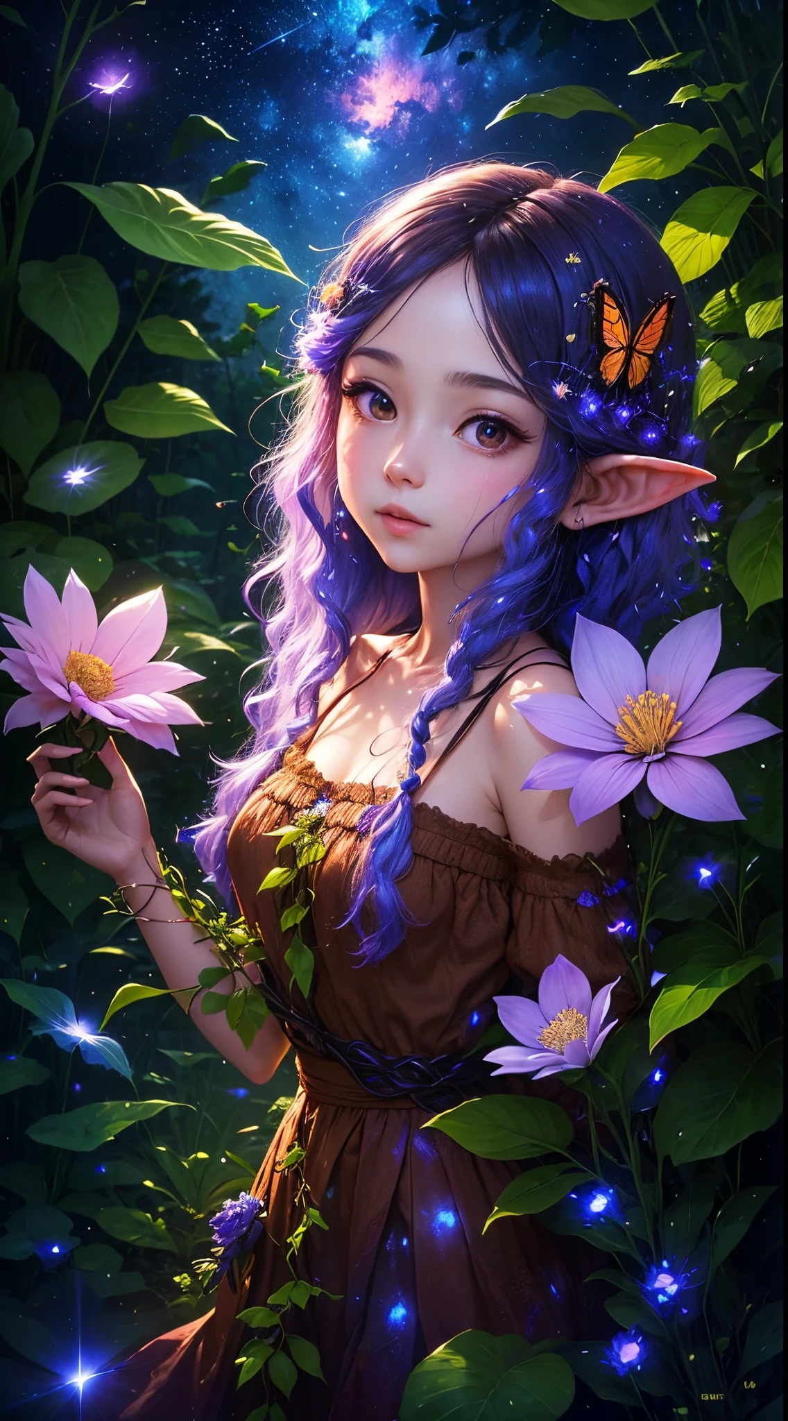 （（（Elf dryad girl，covered with vines，leafs，fresh flowers））），glowing light，Colorful，（（Best quality））， （（tmasterpiece））， （（（giant glowing plant））），dances，Enhanced dynamic viewing angle，jungles，（（（nighttime scene））），themoon，（（The butterfly spreads its huge wings，shimmering under the moonlight，A river of stars flows in front of him）），Sparkling creek，（Adventurer backpack），（weeds），flowers blooming，（（（adventurer clothing））），glowing effect，ultra - detailed，Works of masters，high high quality，8K分辨率，depth of fields，电影灯光，epic shooting，high high quality，ultra - detailed，Detailed pubic hair，Accurate，电影灯光