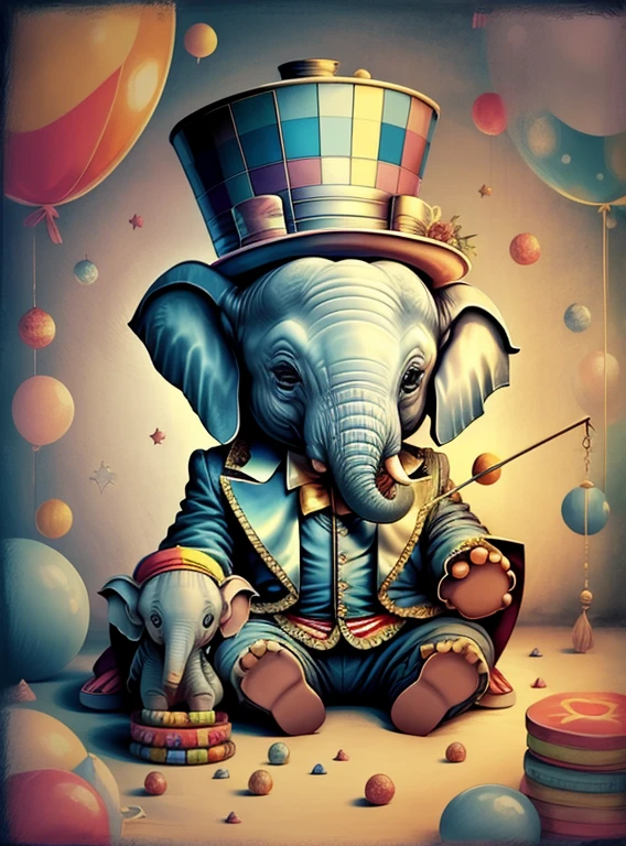 (cute baby elephant with a top hat, juggler in the circus), Munchkin ,Geometric multidimensional wall portrait, livro de arte, Tchibi,
Yang08k, Beautiful, Colouring,
Obras, of the highest quality, best quality, Arte Oficial, Beautiful and Aesthetic,