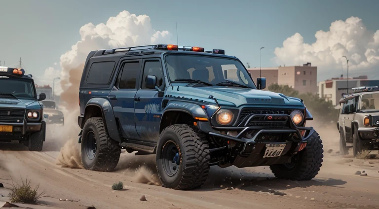 dark grayish-blue police 4x4 SUV in motion, symmetrical new car, retro, photorealistic, slow motion, motion blur, front right view, 1970s, urban, ultra realistic, cinematic style, worm colors, 8K, HD