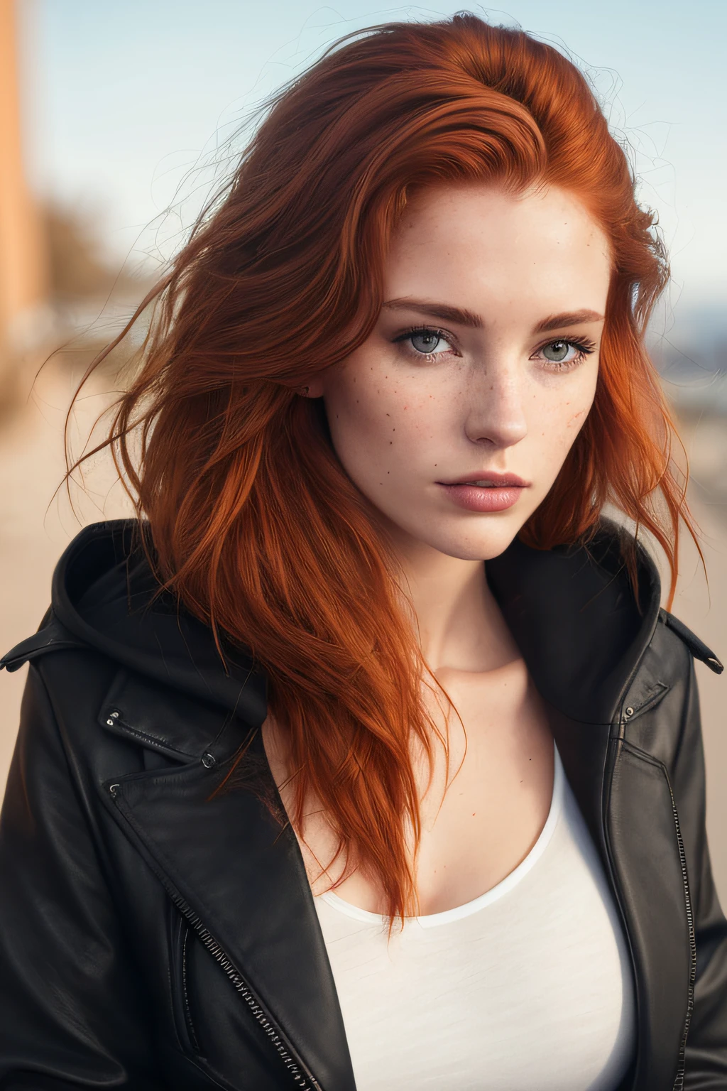 a photo of a seductive woman with loose styled (redhead hair:1.1), bored, she is wearing a hoodie and black leather jacket and leggings, mascara, (textured skin, skin pores:1.1), (moles:0.8), imperfect skin, goosebumps, flawless face, (light freckles:0.9), (sun-kissed:1.1), ((photorealistic):1.1), (raw, 8k:1.3),