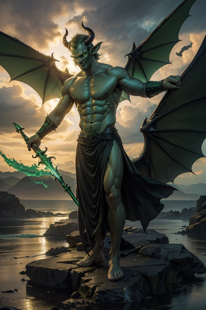 (best quality,4k,8k,highres,masterpiece:1.2),ultra-detailed,(realistic,photorealistic,photo-realistic:1.37),demonic alien prince,(green fire),(celestial spear), alien wings ,flying ,horns,(stormy sky), shirtless, dark energy particles, magic