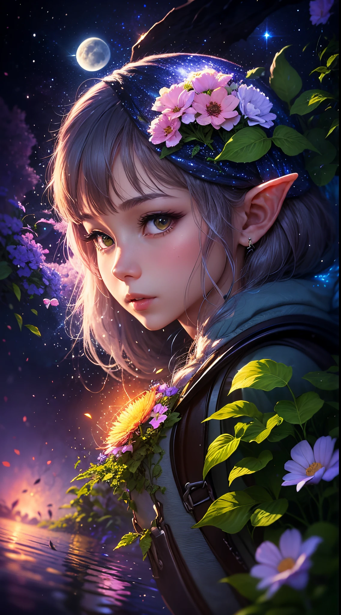 (((Elf dryad girl,covered with vines,leafs,fresh flowers))),glowing light,Colorful,((Best quality)), ((tmasterpiece)),dances,Enhanced dynamic viewing angle,jungles,(((nighttime scene))),themoon,((The butterfly spreads its huge wings,shimmering under the moonlight,A river of stars flows in front of him)),Sparkling creek,(Adventurer backpack),(weeds),flowers blooming,(((adventurer clothing))),glowing effect,ultra - detailed,Works of masters,high high quality,8K分辨率,depth of fields,电影灯光,epic shooting,high high quality,ultra - detailed,Detailed pubic hair,Accurate,电影灯光