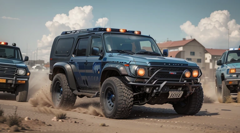 dark grayish-blue police 4x4 SUV in motion, symmetrical new car, retro car, photorealistic, slow motion, motion blur, front right view, 1970s, urban, ultra realistic, cinematic style, worm colors, 8K, HD