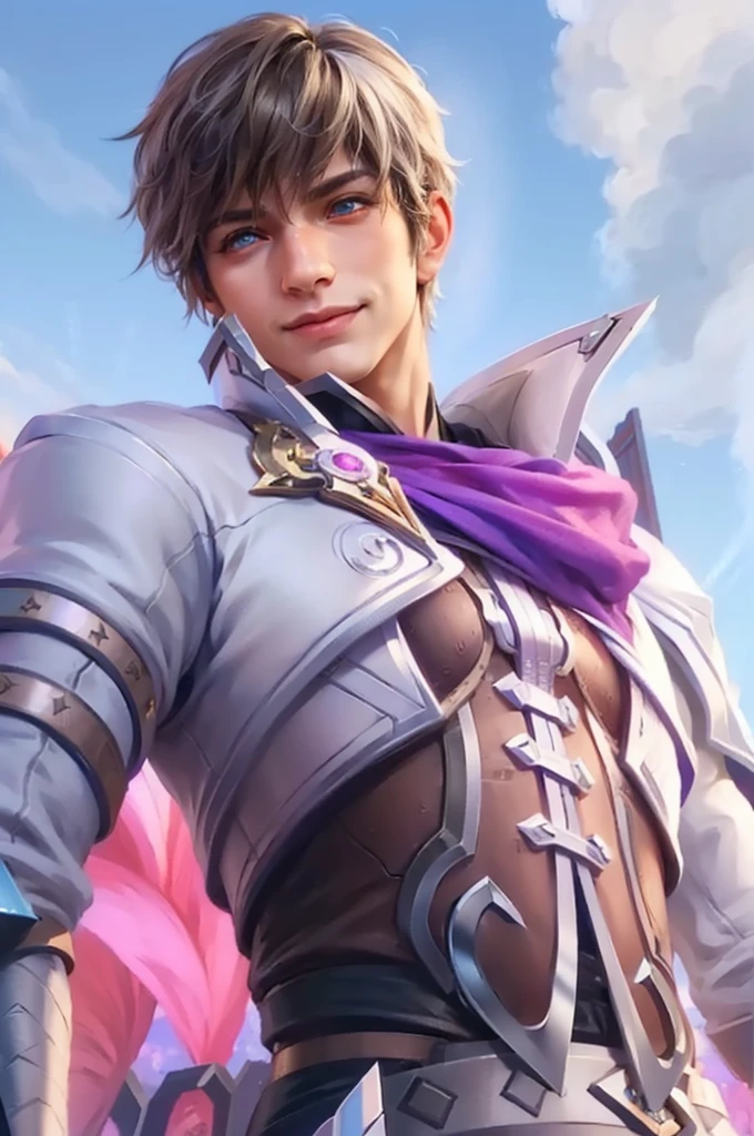masculine male, masterpiece, ((perfect eyes)) best quality, (semirealism:1.9), beautiful lighting, (extremely detailed CG unity 4k fhd wallpaper), High Detail, Sharp focus, dramatic outdoors, 1 boy ,19 years old, white hair, light purpel eyes, smile.