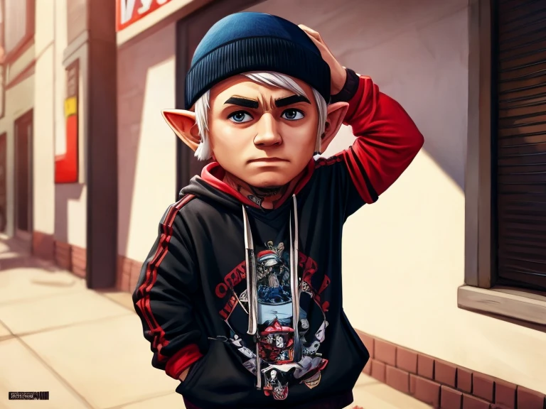 A Gnome that looks like singer Eminem, usando roupas Streetwear