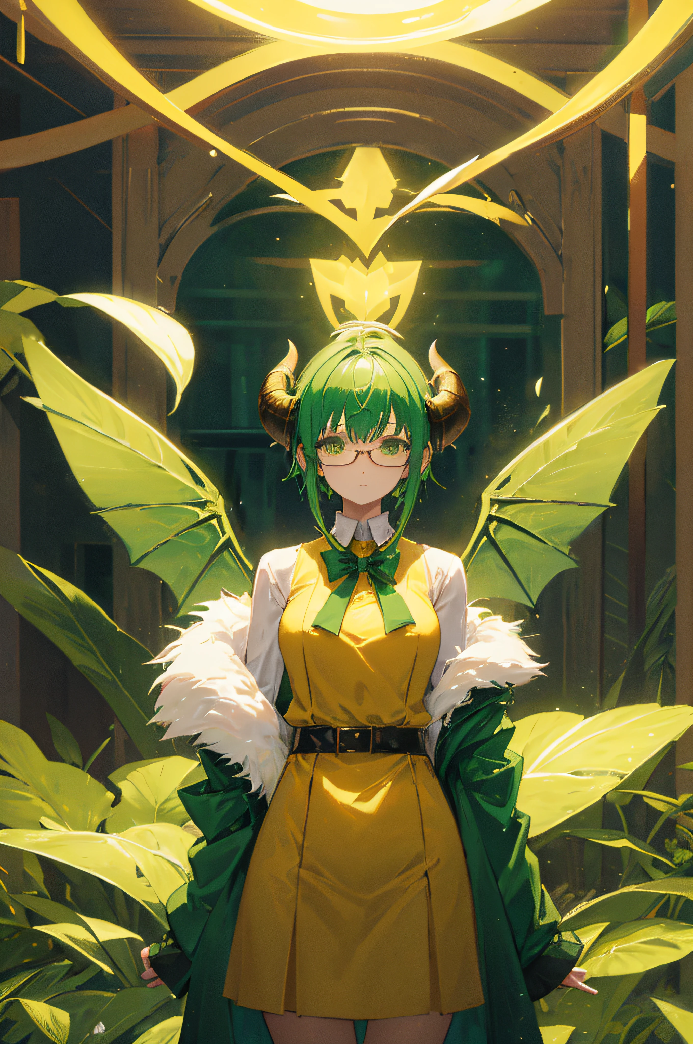 She is a thin woman with short green hair and two small yellow demon horns on her head. She has two small yellow demon wings sprouting from her back. She is standing in a winter lodge. She is dressed like a librarian with a brown and green outfit with yellow trimmings. She has big nerdy glasses.