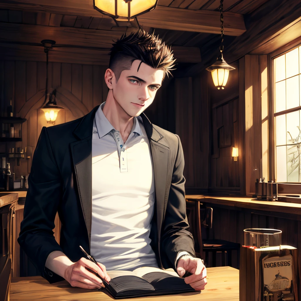 (best quality, masterpiece, realistic, 4k, extreme detail, line of symmetry), 1man, young adult, clean shaven, babyfaced, green eyes, wide eyes, dark brown hair, spiked hair, skinny, nerd, pale skin, polo shirt, long coat, dark slacks, adventurer, in a quiet bar, ((slouched, beaten down, grim,)) torso shot, deep shadows, ((fantasy theming, magic))