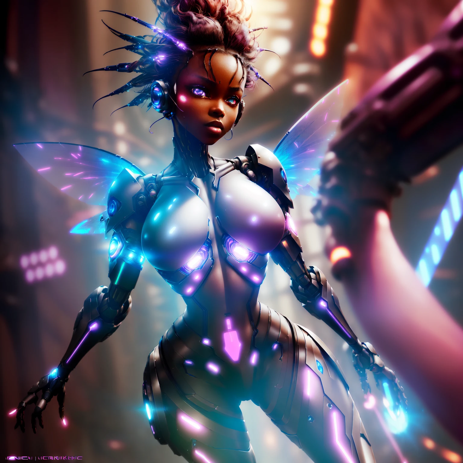 ((cybernetic fairies, Cyberpunk photorealistic, 3d ), ((masterpiece, ultra-detailed, 48k Cinematography, HDR)),  {dark skin cyber fairies, flying though the  fireworks durning a night celebration}, , fluttering luminescent  cybernetic wings, enticing,  amorously, alluring  , covered in magic,  detailed body,  tomboy , fantasy hair style,  neon markings,  magic bra, cybernetic  city, busty, round hips, heart ass, tone muscles,high paced)( African neon body markings, neon arms, urban futuristic outfits neon glowing veins), (action scene, , (night),,high paced)( ((masterpiece, ultra-detailed, highly detailed)) ( full body, sensuality enjoyment , ( sense of depth, depth of field, ), dynamic angle, scenery, dramatic lighting, volumetric lighting actions scene, glowing eyes, , dark skinned cybernetic fairies,ufotable style, multiple fairy girls, group picture, lineup), (fairy future core)), ,  style,multiple girls, group picture, lineup, harem, 6+girls,