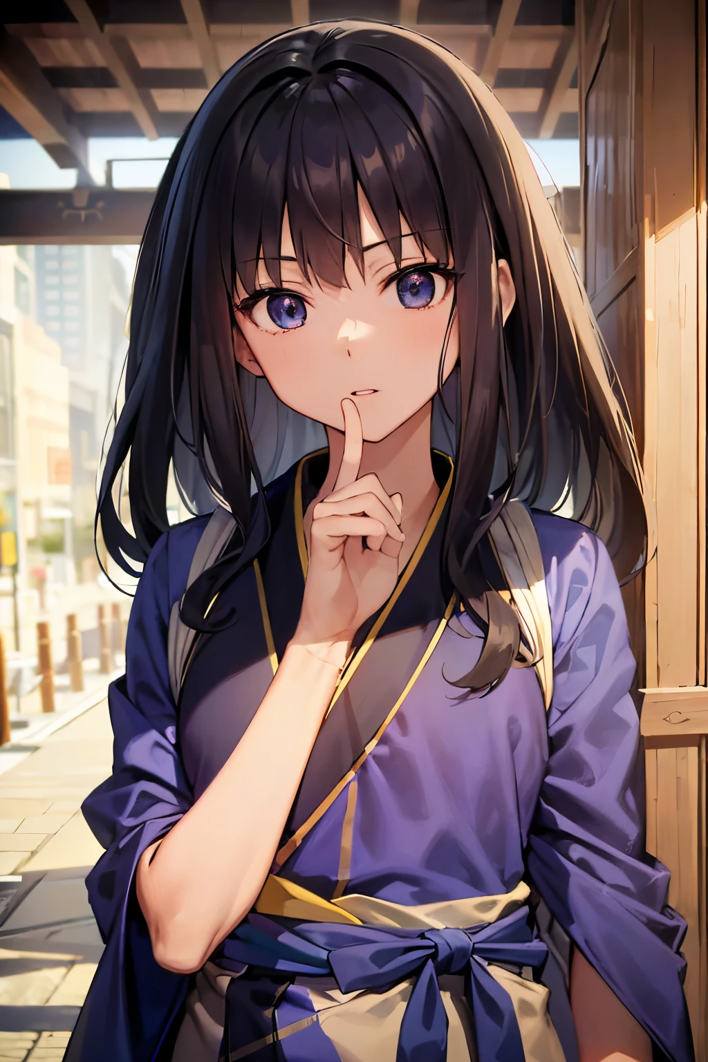 Takiinoue, Takina Inoue, The long-haired, bangss, A dark-haired, (Purple Eye:1.2), (Dark blue kimono:1.4), (Lapel Rack:1.3), Outdoor break, sity, BREAK (masterpiece:1.2), Top image quality, hight resolution, Unity 8k壁纸, (illustratio:0.8), (Beautiful detail eyes:1.6), extra detailed face、Perfect litthing、extremely details CG、(perfect hand、perfect anatomia)、Takina Inoue、Inoue,Takina, 1girll, Background in the city, 14years, (fluffy hair:1.3)