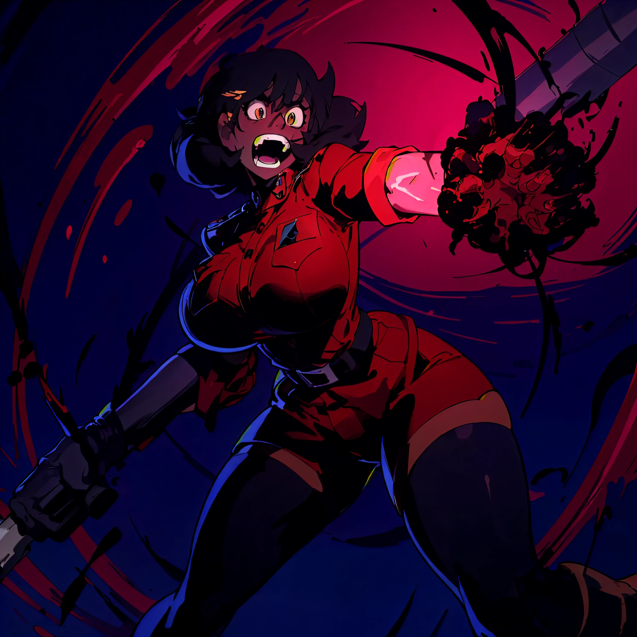 wide portrait  of Connie Maheswaran(steven universe ) as  Seras Victoria(hellsing ultimate), left-handed shadow arm, dark manipulation,  black hair, Big hips and breast,  slit pupils,  blood rage, key visual,  Character graphic,  action, sensual pin-up,  ((masterpiece, ultra-detailed,  high quality, 48k Cinematography, HDR)),fight scene, scene reference,