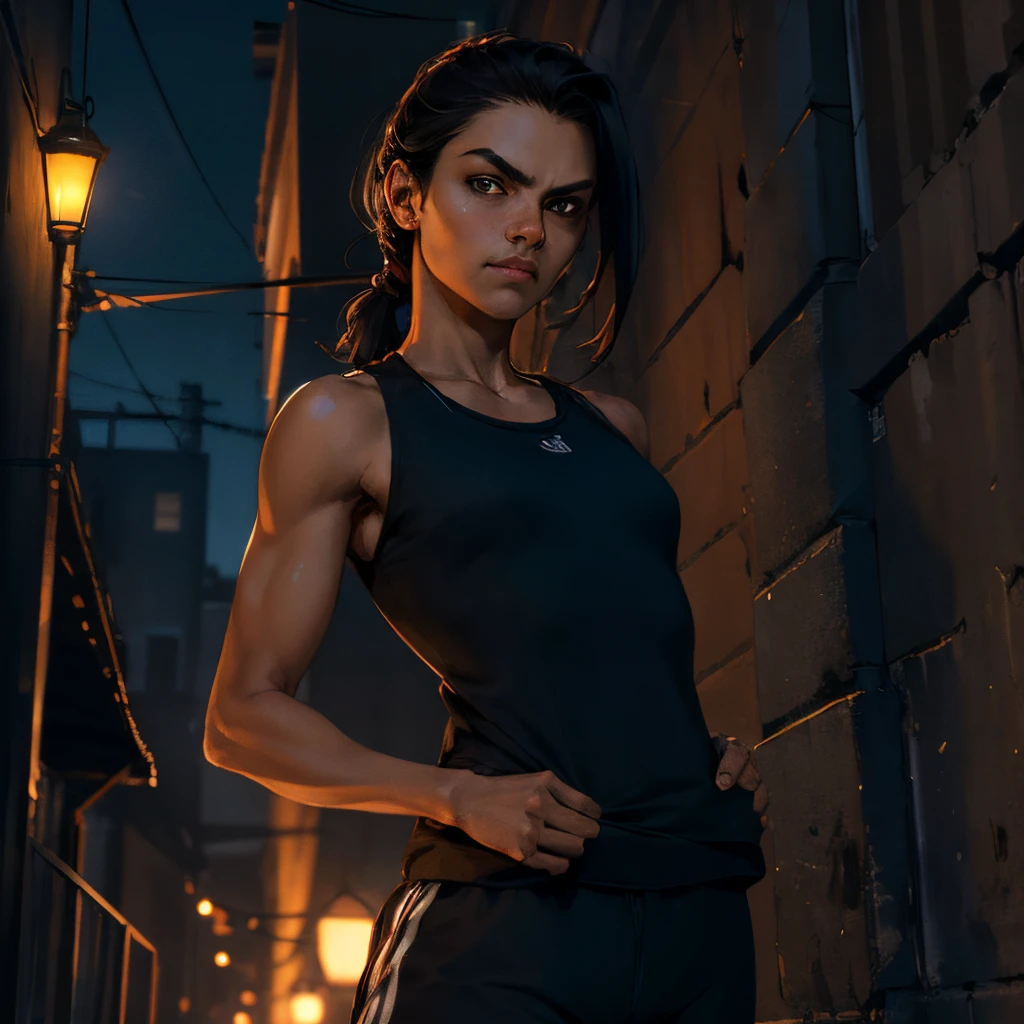 (best quality, masterpiece, realistic, 4k, extreme detail, line of symmetry), 1girl, ager, 5'4, hazel eyes, dark hair, shoulder length hair, hair tied back, athlete, athletic build, flat chest, skinny, tracksuit pants, tank top, black clothes with red stripes, (dark aura, black corona, black magic), round face, hispanic, sullen, grumpy, looking at the camera, torso shot, standing in a dark alley at night, dim lighting