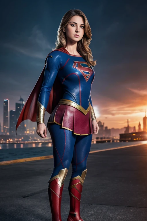 4k highly detailed realistic Supergirl, shirt hair, ((sharp Jawline)), (full body Including Legs), Seduction and fantastic poses