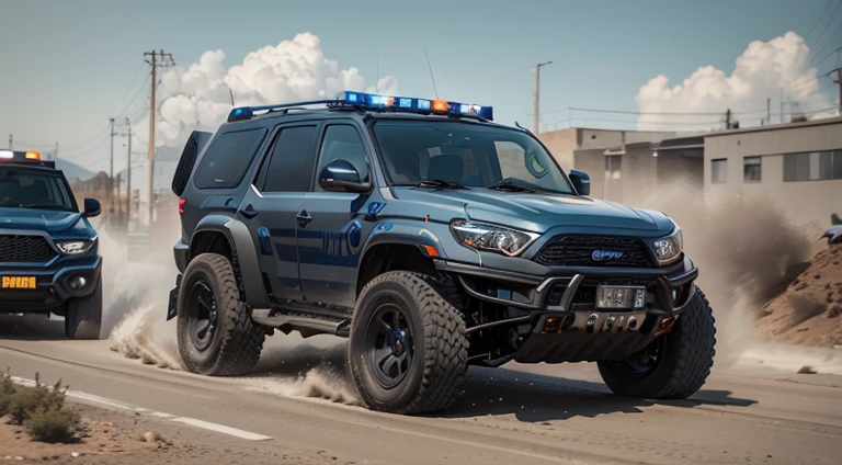 dark grayish-blue police 4x4 SUV in motion, symmetrical new car, retro, photorealistic, slow motion, motion blur, front right view, urban, ultra realistic, cinematic style, worm colors, 8K, HD