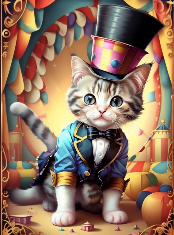 ((cute baby cat with a top hat playing in the circus), Munchkin ,Geometric multidimensional wall portrait, livro de arte, Tchibi,
Yang08k, Beautiful, Colouring,
Obras, of the highest quality, best quality, Arte Oficial, Beautiful and Aesthetic,