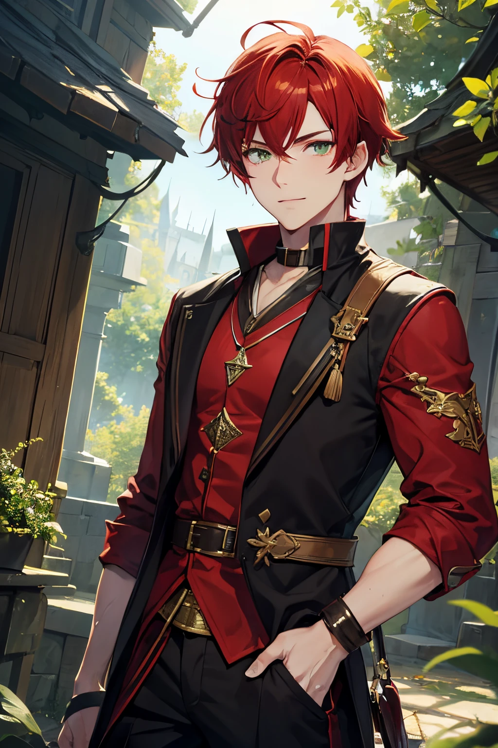 Hunter,Young male,red hair,green eye,Fantasy,flirtatious,handsome,Talk a lot