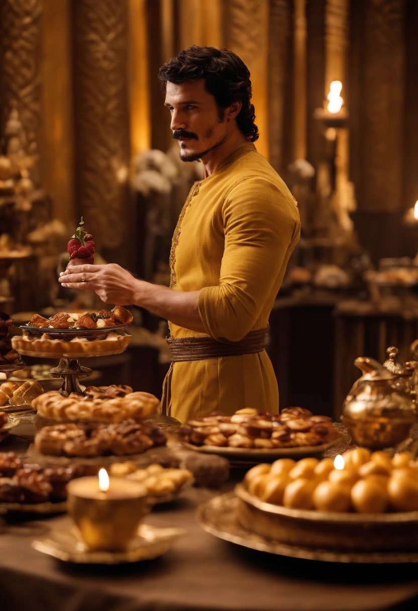 A photo of Oberyn at a luxurious breakfast buffet spread, surrounded by an array of sumptuous dishes and decadent pastries,Game of Thrones TV series,Oberyn is a tall man with black hair and a beard, famously portrayed by Pedro Pascal, male