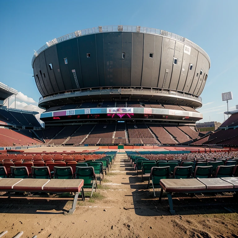 A stadium with spray paint all over