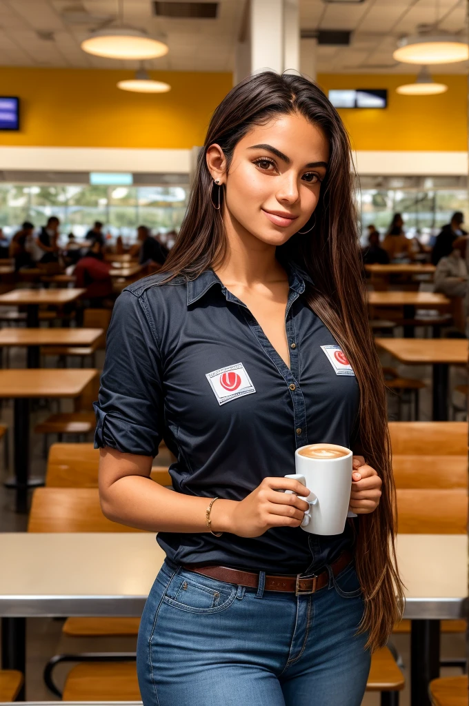 I present to you Amara, the spectacular Brazilian university student. She has incredibly realistic skin, she is in the cafeteria having a coffee, while talking on the phone looking at the camera.