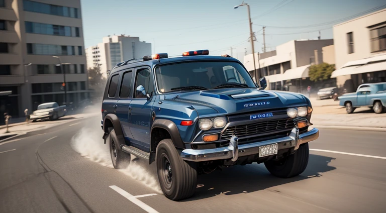 dark grayish-blue police 4x4 SUV in motion, symmetrical new car, retro, photorealistic, slow motion, motion blur, front right view, 1950s, urban, ultra realistic, cinematic style, worm colors, 8K, HD