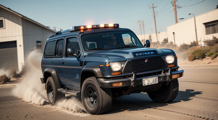 dark grayish-blue police 4x4 SUV in motion, symmetrical new car, retro, photorealistic, slow motion, motion blur, front right view, 1950s, urban, ultra realistic, cinematic style, worm colors, 8K, HD