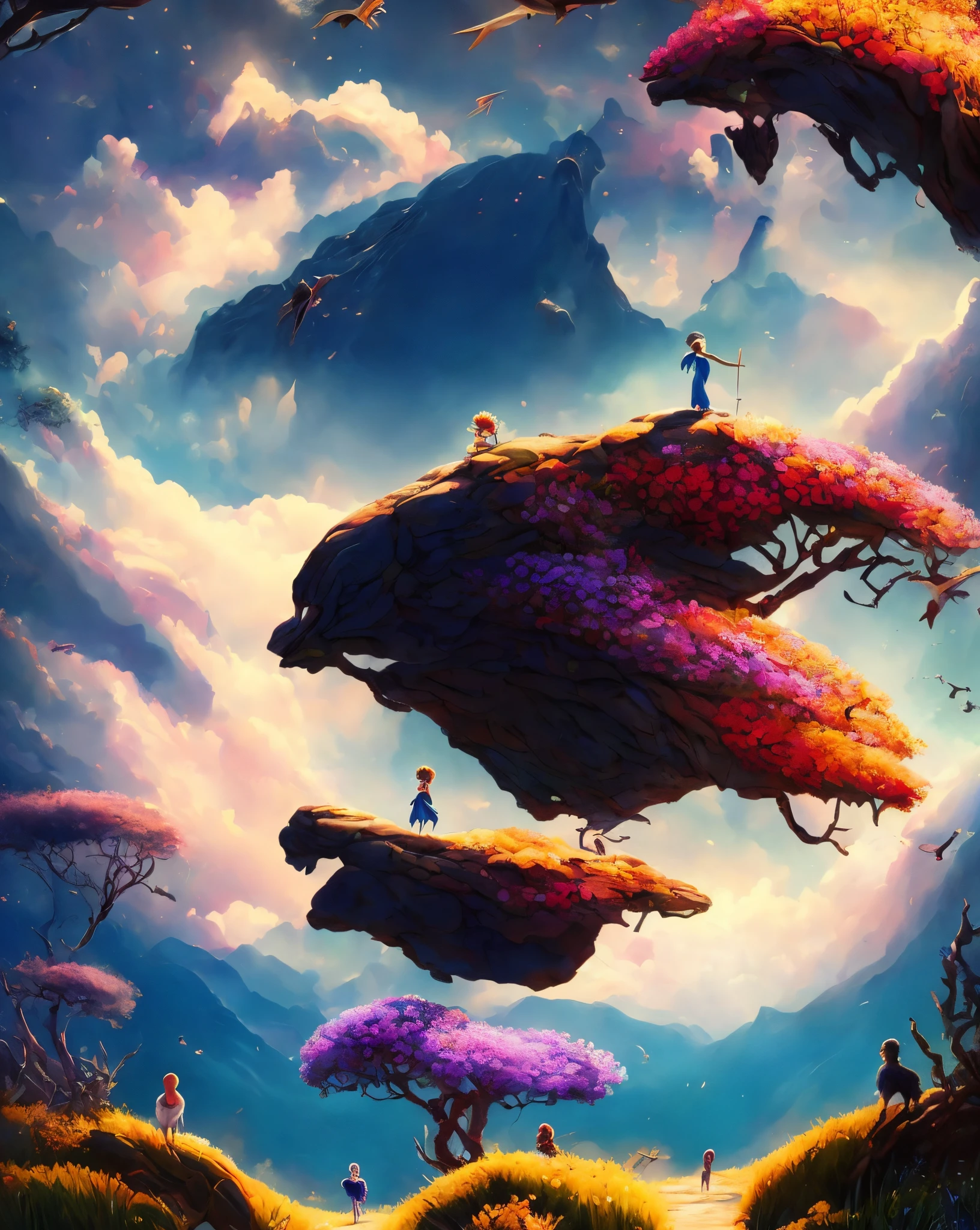 This picture represents the moment when the main character steps into the mysterious world of clouds. A character with a facial expression that conveys excitement and surprise.

The painting depicts a part of a fairyland to express the atmosphere of that world. Flying fish, mysterious buildings, and colorful landscapes are impressive.

You can incorporate elements that convey the excitement of adventure. For example, a treasure in a character's hand or a scene with a strange tool.

To create visual enjoyment for children, use bright and festive colors. Eye-catching colors are important.

Combine the main character and fairyland elements in a well-balanced manner.