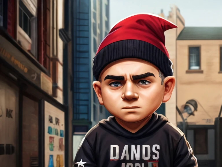 A Gnome that looks like singer Eminem, usando roupas Streetwear