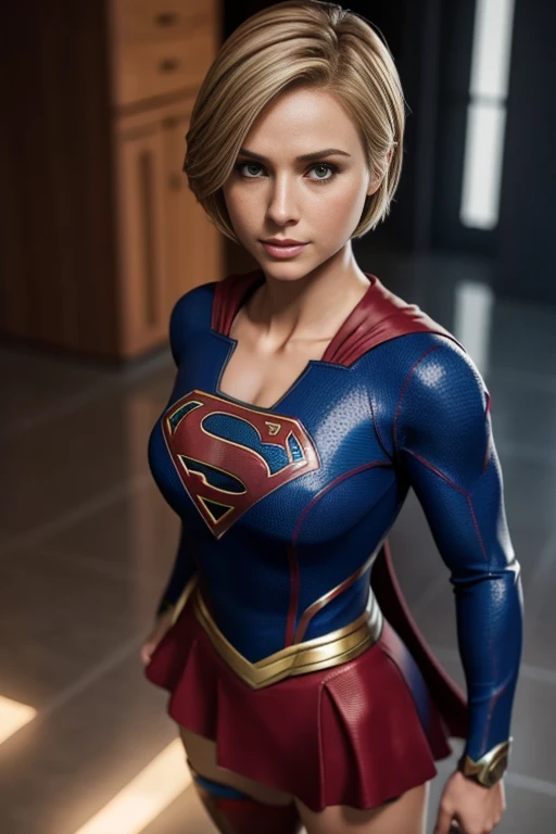 4k highly detailed realistic Supergirl, short hair, ((sharp Jawline)), (full body Including Legs), Seduction and fantastic poses