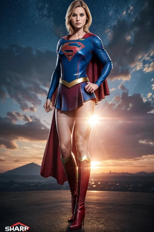 4k highly detailed realistic Supergirl, short hair, ((sharp Jawline)), (full body Including Legs), Seduction and fantastic poses