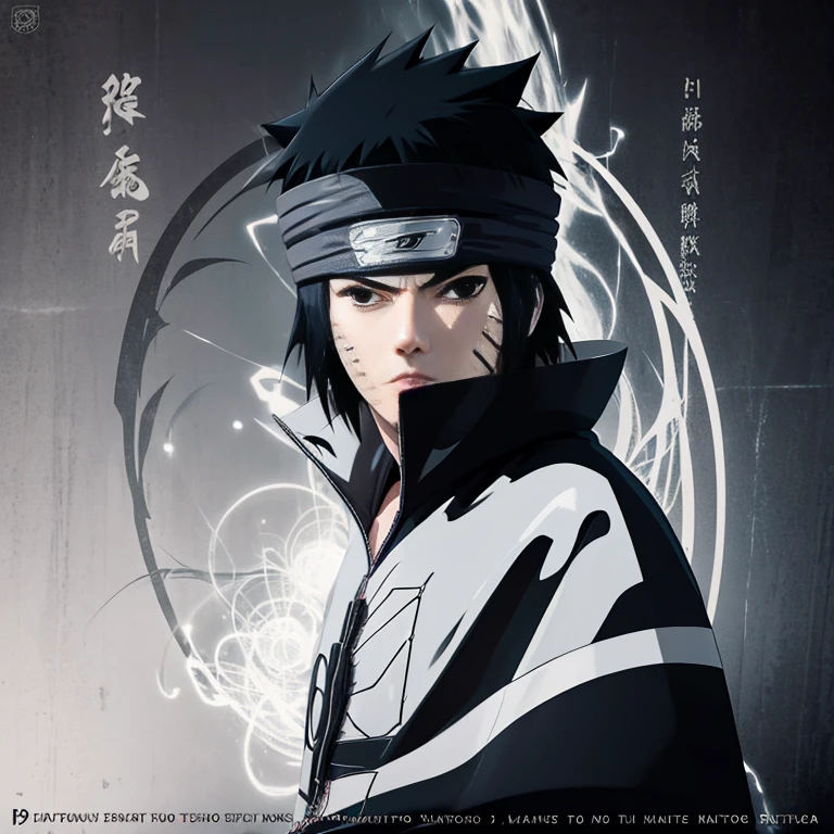 Make the image of Sasuke Uchiha as it is in the manga, imagem, em preto e branco e jaqueta preta