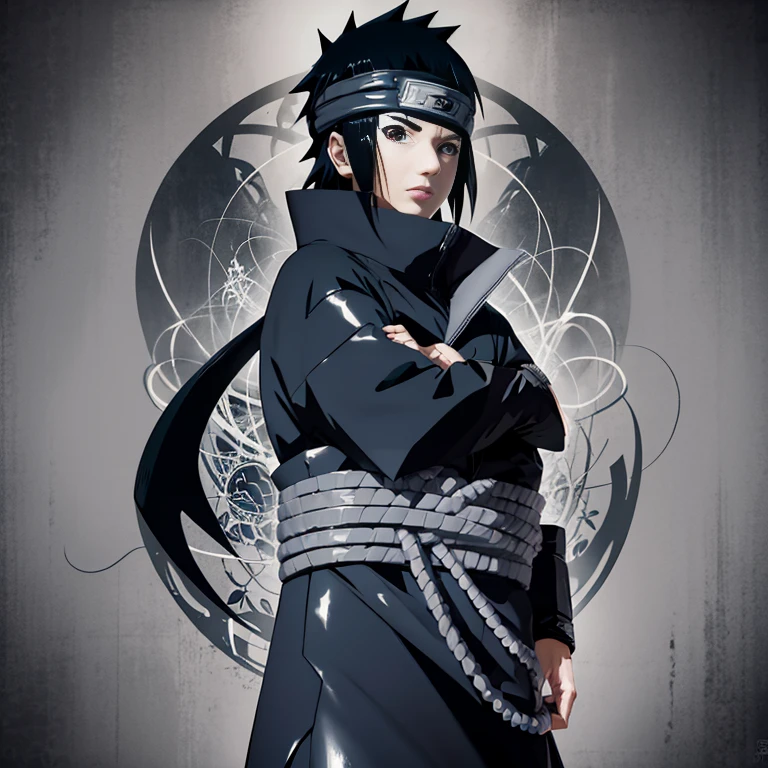 Make the image of Sasuke Uchiha as it is in the manga, imagem, em preto e branco e jaqueta preta