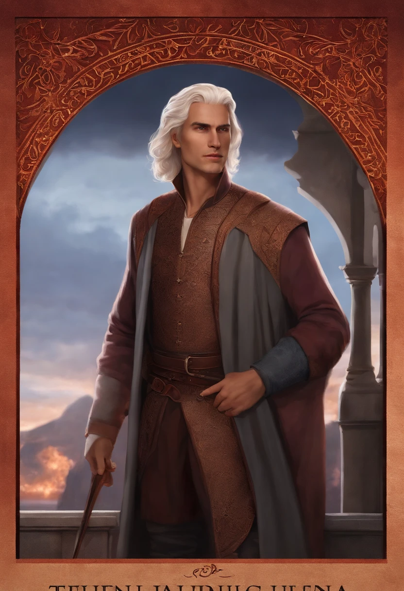 Aemond Targaryen standing on the balcony of the Red Keep, overlooking the city of King's Landing, the red hues of sunset casting a majestic glow over the horizon.,A Song of Ice and Fire,His physical presence is characterized by silver, straight, and well-kept hair cascading down a long and sharp face. A sharp jawline, straight nose, pointed chin, and the unique feature of a missing right eye add to his distinctive appearance. The left eye, a striking lilac hue, draws attention, with the empty right eye socket adorned by a blue sapphire or concealed by an eyepatch. Thin lips, a pale complexion, and a serious expression complete his visage. Aemond's tall, slim, and lithe build contributes to an overall image of strength and regality., male