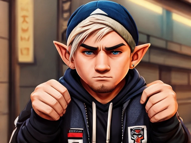 A Gnome that looks like singer Eminem, usando roupas Streetwear