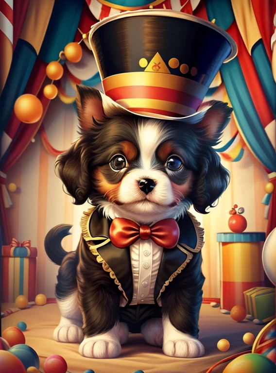 (cute puppy with a top hat playing in the circus), Munchkin ,Geometric multidimensional wall portrait, livro de arte, Tchibi,
Yang08k, Beautiful, Colouring,
Obras, of the highest quality, best quality, Arte Oficial, Beautiful and Aesthetic,