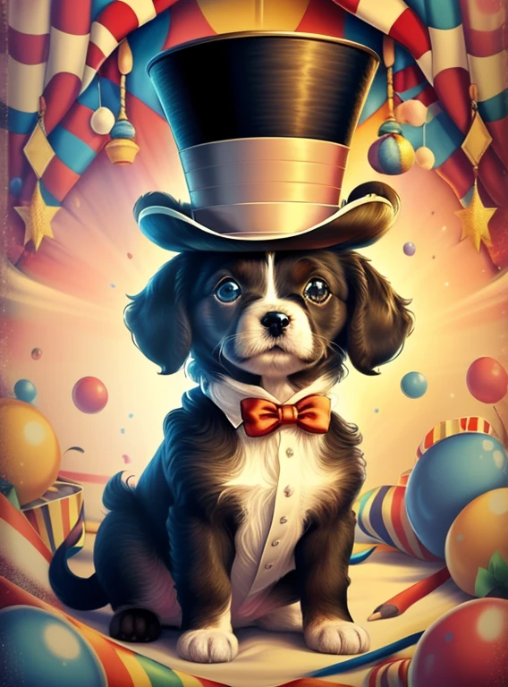 (cute baby puppy with a top hat playing in the circus), Munchkin ,Geometric multidimensional wall portrait, livro de arte, Tchibi,
Yang08k, Beautiful, Colouring,
Obras, of the highest quality, best quality, Arte Oficial, Beautiful and Aesthetic,