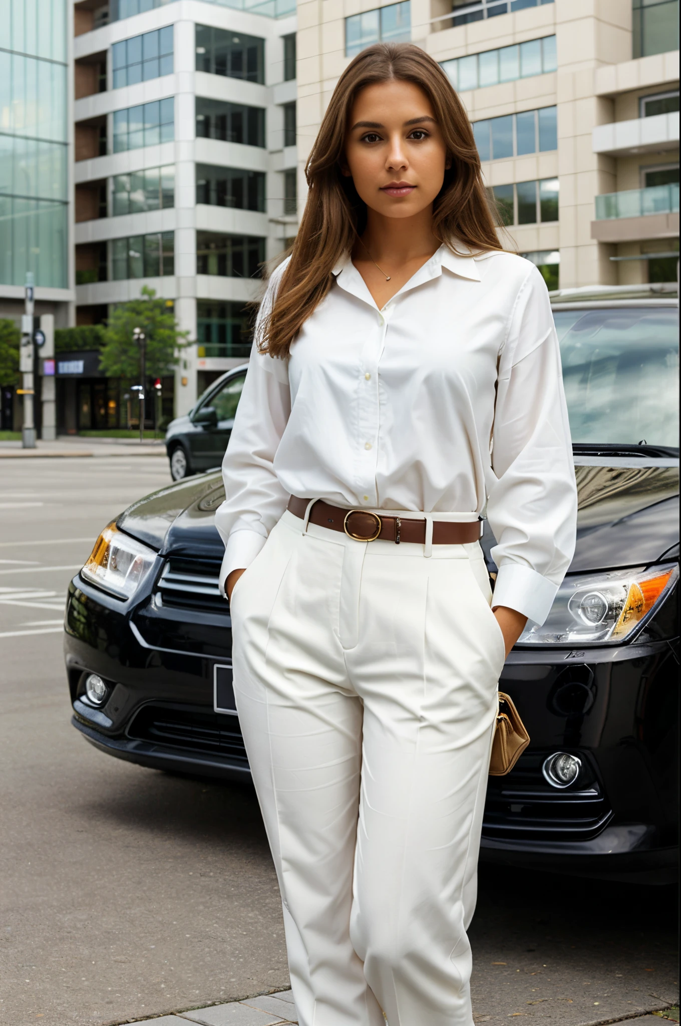 wide angle photo, A very beautiful girl with light brown hair, slightly tanned skin, glowing and flawless skin, soft rays of sun illuminating her, standing, getting out of the prius car, holding a cell phone. She is wearing a white suit, white blouse, beige pants, looking directly at the camera, on her feet, high heel shoes. a channel bag Highly detailed. in the background are high-end commercial buildings, Photographic, detailed facial features, film grain texture and high contrast, Very high resolution details, photographic, photorealistic, hyperrealistic, HDR, feminine power, subtle details ,proud and confident posture,vivid colors,