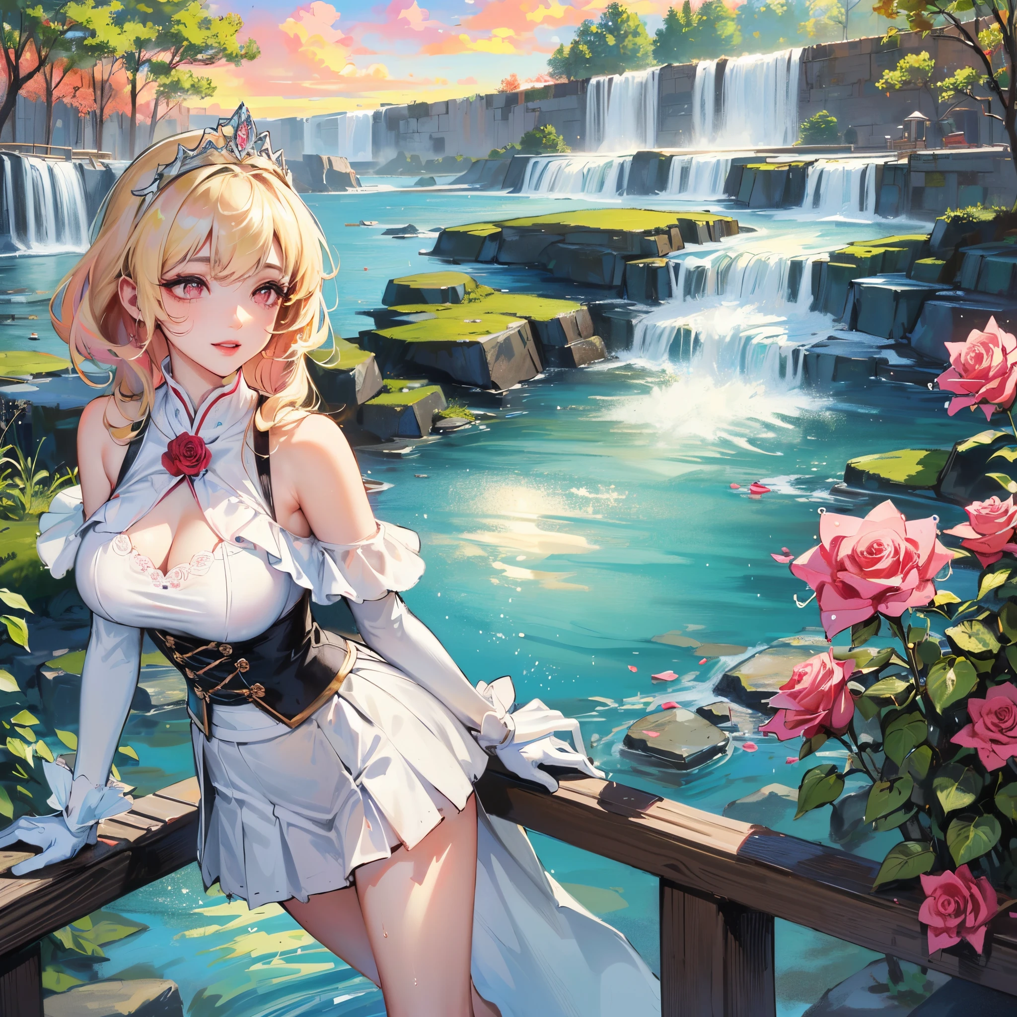 official art, masterpiece, sharp focus, (beautiful gorgeous cute Korean woman:1.3), (beautiful cute korean:1.3), korean beauty, Delicate and beautiful hair and eyes and face, realistic, ultra detailed, beautiful girl, blue sky, glow white particle, (sidelighting:1.2), sun light, white cloud, detailed clouds, slender, Lovely very large breasts and very large hips,showing pink slip and smiling, (((shy and aroused, pink eyes)), scenery, long straight hair, sexy facial expression, building, (waterfallscape:1.7), dynamic hair, blonde long straight hair, detailed hair, streaked hair, glow pink wink eyes, (Star-shaped pupils), (fiery rose pleated skirt+white off shoulder blouse), white long socks, pale skin, epic scenery, (Tiara:1.5), hair ornament, Princess white gloves, Wet body, Holding Fiery Rose, sexy look