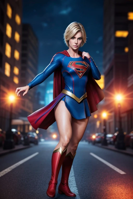 ((highest quality)), ((masterpiece)), (be familiar with), (High definition), (Realistic), (Realistic), (Best Shadow), Low contrast, (Complex:1.4), Side lighting, 8K, ((Helen Slator)), ((SUPER GIRL)), Perfect Face、Detailed、(Accurate hand and finger depiction)、supergirl women、Blonde、Voluptuous body、big breasts、Narrow waist、Big Ass、Alluring、glamorous、((doing a high kick:1.4))、Tokyo Tower、Night view