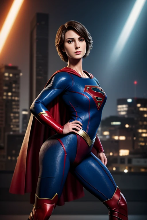 4k highly detailed realistic Supergirl, short hair, ((sharp Jawline)), (full body Including Legs), Seduction and fantastic poses