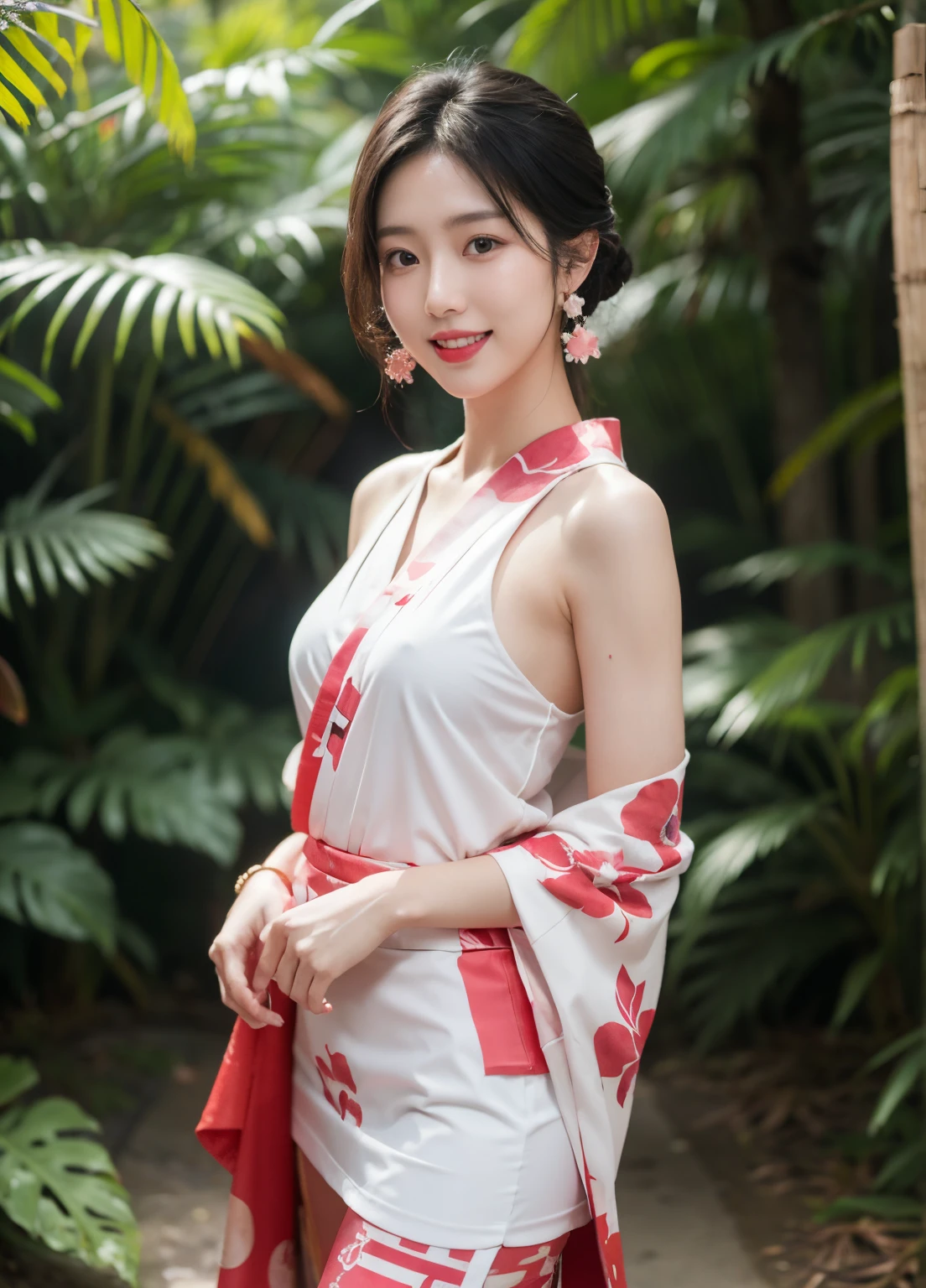 8k, 1girl, japanese, 25 years old, fair white skin, pink cheeks, sexy red lips, printed american flag short kimono, shoulder length earings, masterpiece, cinematic lightning,  in the forest, bracelets,sweaty body, panting, very affectionate smile: 1.5, front view, looking at the viewer