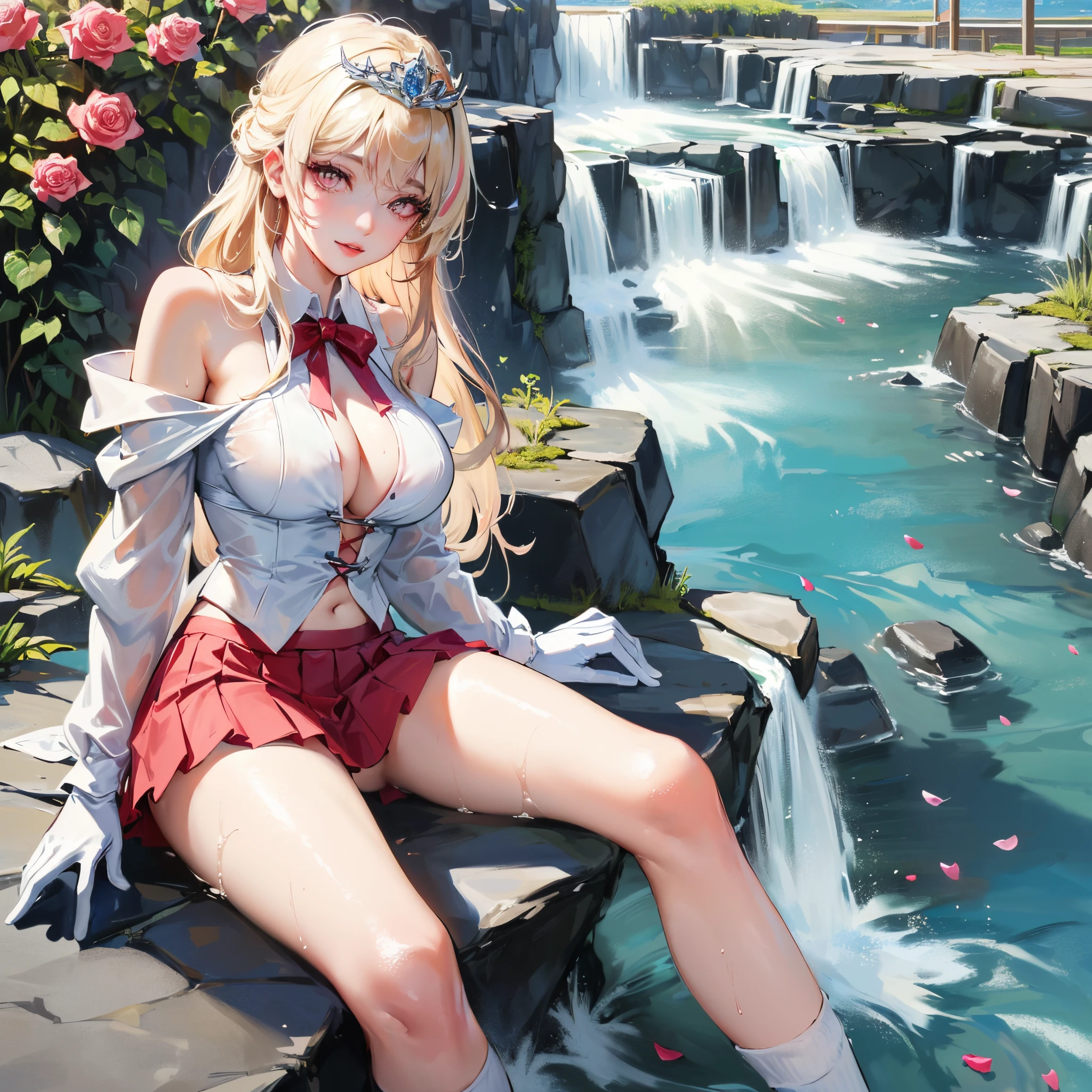 official art, masterpiece, sharp focus, (beautiful gorgeous cute Korean woman:1.3), (beautiful cute korean:1.3), korean beauty, Delicate and beautiful hair and eyes and face, realistic, ultra detailed, beautiful girl, blue sky, glow white particle, (sidelighting:1.2), sun light, white cloud, detailed clouds, slender, Lovely very large breasts and very large hips,showing pink slip and smiling, (((shy and aroused, pink eyes)), scenery, long straight hair, sexy facial expression, building, (waterfallscape:1.7), dynamic hair, blonde long straight hair, detailed hair, streaked hair, glow pink wink eyes, (Star-shaped pupils), (fiery rose pleated skirt+white off shoulder blouse), white long socks, pale skin, epic scenery, (Tiara:1.5), hair ornament, Princess white gloves, Wet body, Holding Fiery Rose, sexy look