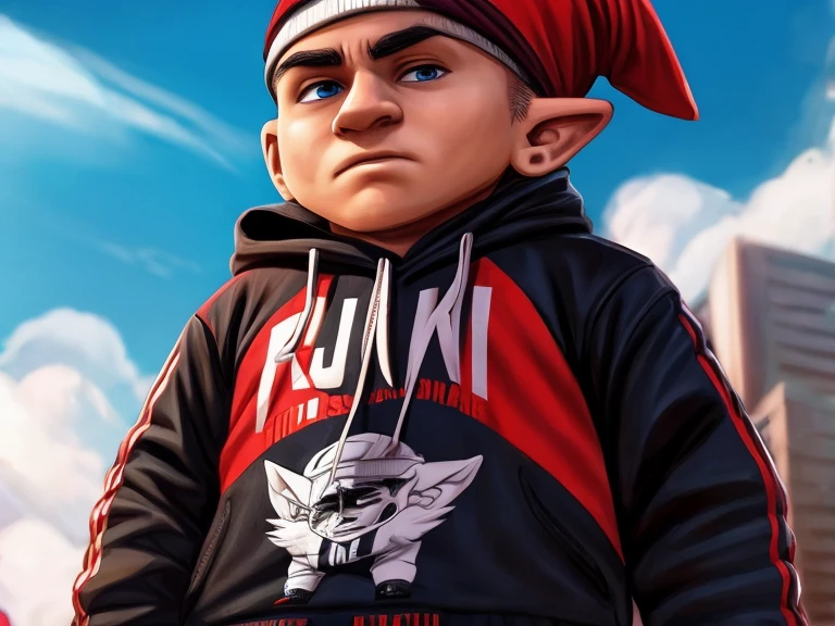 A Gnome that looks like singer Eminem, usando roupas Streetwear